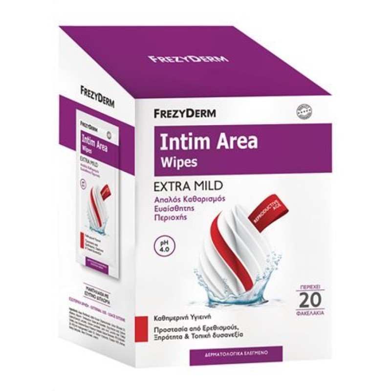 FREZYDERM Intim Area Wipes Extra Mild Μαντηλάκια Καθαρισμού της Ευαίσθητης Περιοχής pH4.0 20 Φακελάκια