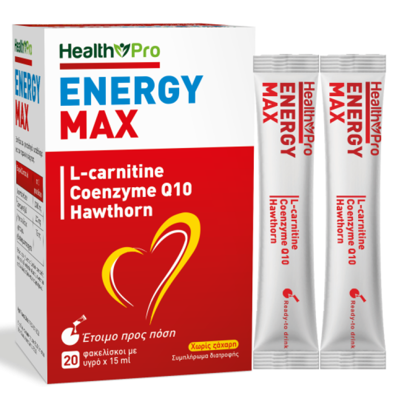 HEALTH PRO Energy Max Συμπλήρωμα Διατροφής με L-Carnitine 1000mg , Συνένζυμο Q10 100mg και Εκχύλισμα Κράταιγου 75mg για Τόνωση και Ενέργεια 20 Φακελίσκοι