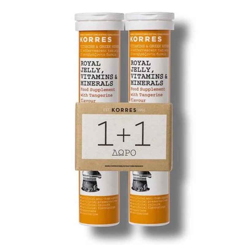 KORRES 1+1 Royal Jelly , Vitamins & Minerals Συμπλήρωμα Διατροφής με Βασιλικό Πολτό , Βιταμίνες και Μέταλλα με Μανταρίνι 2x18 Αναβράζοντα Δισκία