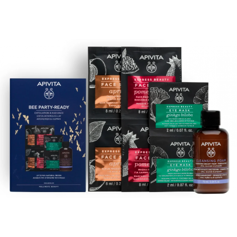 APIVITA Bee Party Ready Gift Set Express Beauty Ρόδι 2x8ml & Scrub Προσώπου Βερύκοκο 2x8ml & Μάσκα Ματιών Ginkgo Biloba 2x2ml & Αφρό Καθαρισμού (75ml)