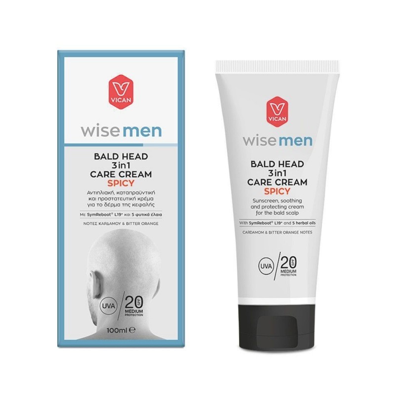 VICAN Wise Men Bald Head 3 in 1 Care Cream Spicy Αντηλιακή , Καταπραυντική και Προστατευτική Κρέμα για το Δέρμα της Κεφαλής SPF20 100ml