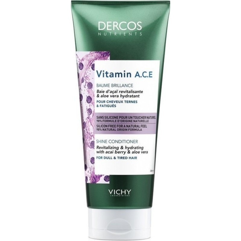 VICHY Dercos Nutrients Vitamin A,C,E Shine Conditioner Μαλακτκή Κρέμα Λάμψης για Θαμπά & Άτονα Μαλλιά 200ml