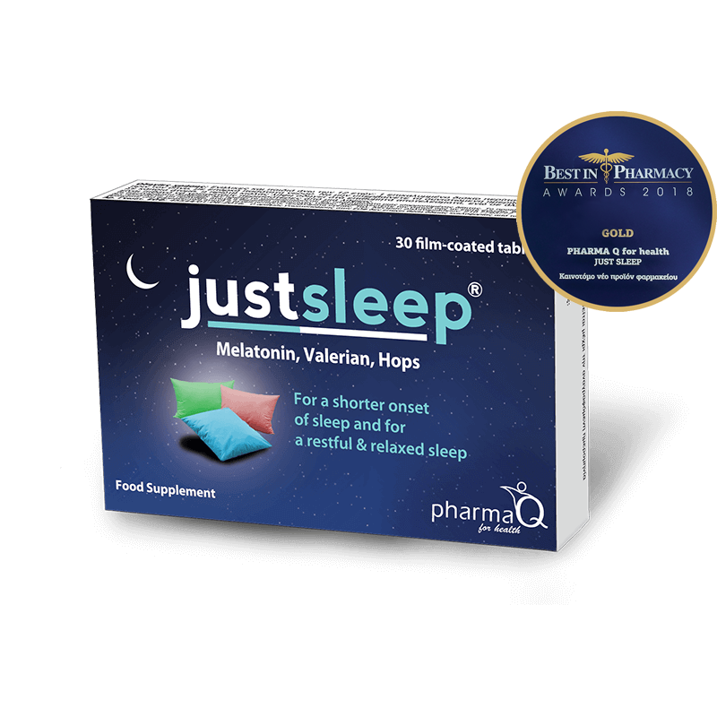 PHARMA Q Justsleep Συμπλήρωμα Διατροφής με Μελατονίνη , Βαλεριάνα και Λυκίσκο για την Αντιμετώπιση της Αυπνίας 30 Ταμπλέτες  