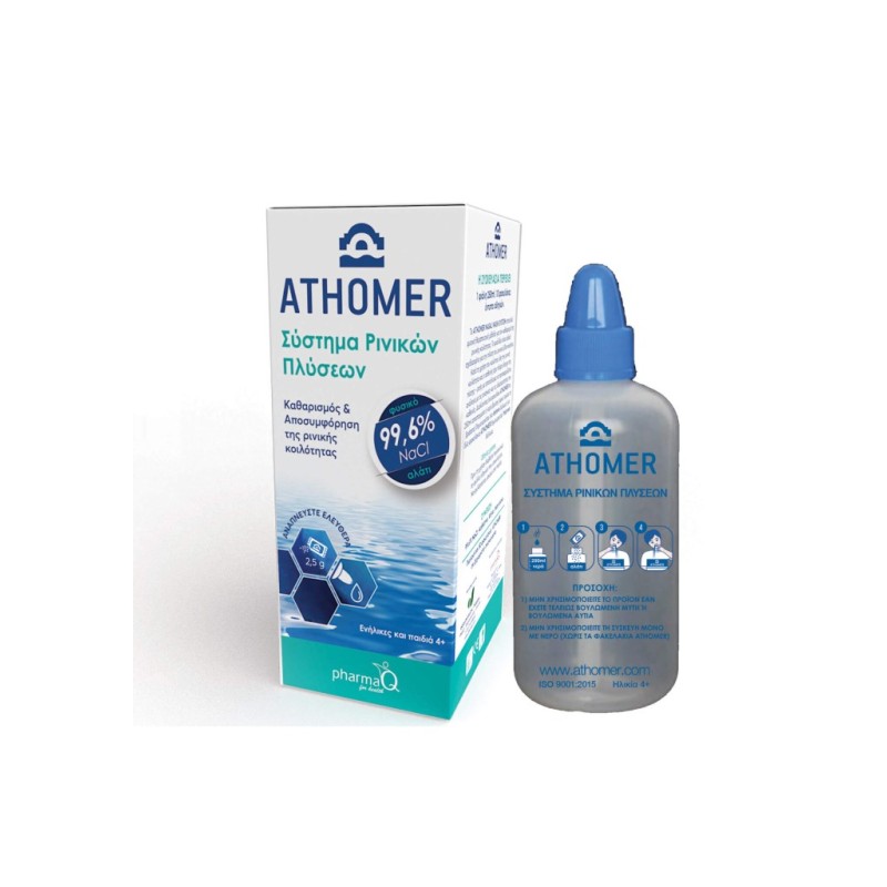 ATHOMER Nasal Wash System Συσκευή & Φακελάκια Αλατιού για Διάλυμα Ρινικών Πλύσεων 1 x Φιάλη 250ml & 10 x Φακελάκια