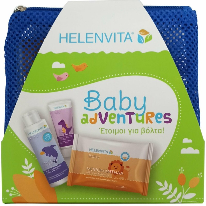 HELENVITA Baby Adventures Πακέτο Ταξιδιού Χρώμα Μπλέ Baby All Over Cleanser 100ml & Baby Nappy Rash Cream 20ml & Baby Wipes 20τεμ