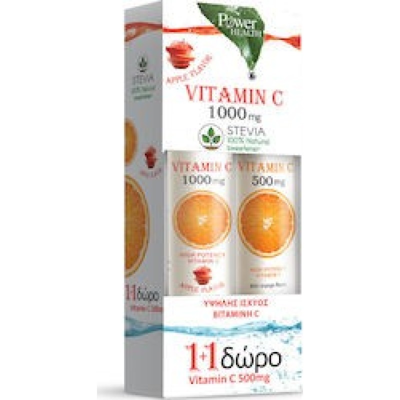 POWER HEALTH Vitamin C 1000mg με Στέβια & Γεύση Μήλο 20+4 Eff Caps & Δωρο Vitamin C 500mg με Γεύση Πορτοκάλι 20 Eff Caps