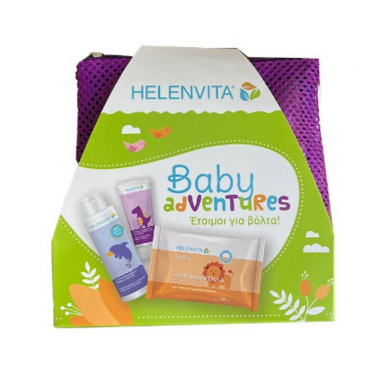 HELENVITA Baby Adventures Πακέτο Ταξιδιού Χρώμα Μώβ Baby All Over Cleanser 100ml & Baby Nappy Rash Cream 20ml & Baby Wipes 20τεμ