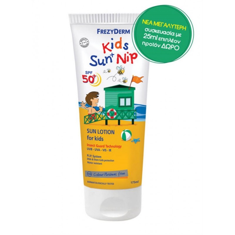 FREZYDERM Kids Sun + Nip Care Αντηλιακό Γαλάκτωμα Προσώπου και Σώματος με Εντομοαπωθητική Δράση SPF 50+ 175ml