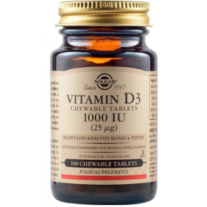 SOLGAR Vitamin D3 1000IU 25μg Chewable Tablets Συμπλήρωμα Διατροφής για τη Καλή Υγεία Οστών και Δοντιών με Γεύση Φράουλα 100 Μασώμενα Δισκία