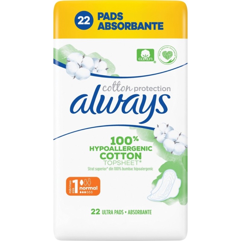 ALWAYS Cotton Protection Ultra Normal Σερβιέτες με Φτερά και Κάλυμμα απο Οργανικό Βαμβάκι Μέγεθος 1 22τμχ