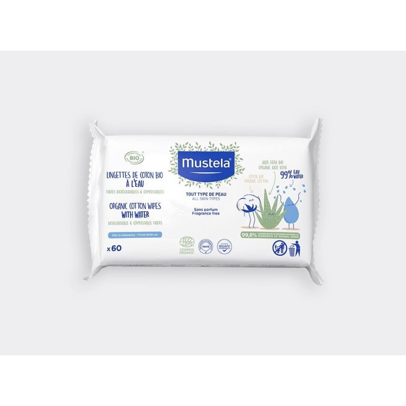 MUSTELA Organic Cotton Wipes With Water Μωρομάντηλα Καθαρισμού με Βιολογικό Βαμβάκι και Νερό 60 Τεμάχια