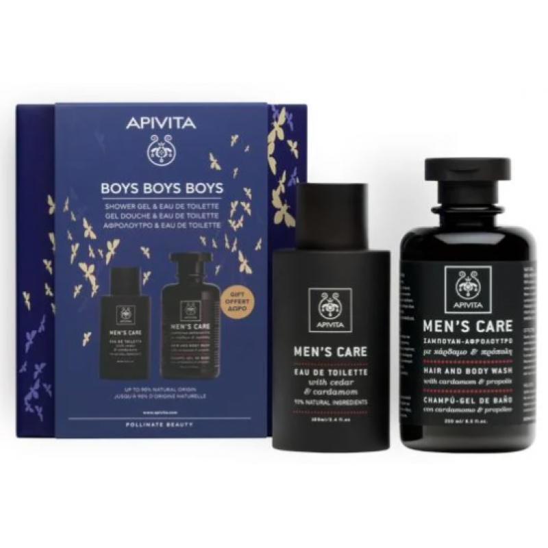 APIVITA 1+1 Boys Boys Boys Gift Set Men's Care Σαμπουάν-Αφρόλουτρο Κάρδαμο και Πρόπολη 250ml &Eau De Toilette Ανδρική Κολώνια 100ml 