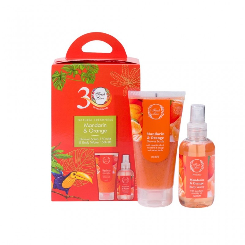 FRESH LINE 1+1 Σέτ Περιποίησης Σώματος Natural Freshness Mandarin & Orange Shower Scrub 150ml & Body Water 150ml 