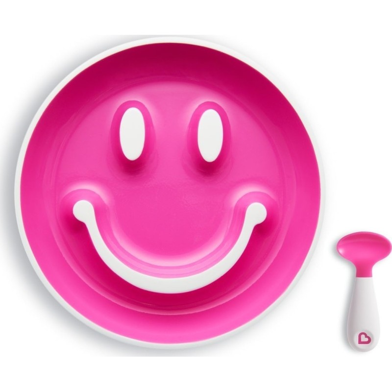 MUNCHKIN Smiley Plate & Scoop Σετ Πιάτακι & Κουταλάκι Χρώμα Ρόζ 9m+